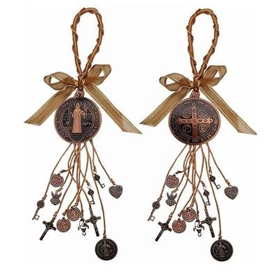 2PCS/Set Medalla De San Benito,Escapularios Wooden Beads Rosary St Benedict Medals for Door with Saint Benedict Cross Crucifix Catholic Gift Set for Car Hanging Charm Home Door Hanger Decor