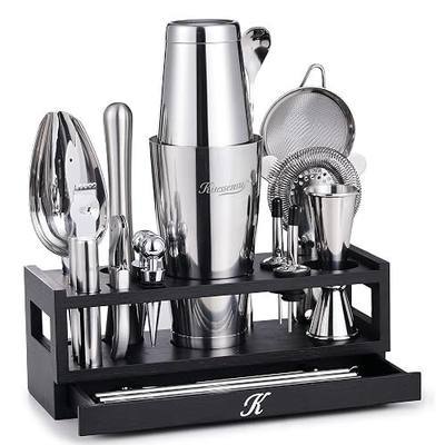 KITESSENSU 25-PC Professional Boston Shaker Set Bartender Kit, Mixology & Cocktail Bar Set with Bamboo Drawer Stand, 18oz & 28oz Ultimate Martini Shaker Gift for Home Bar