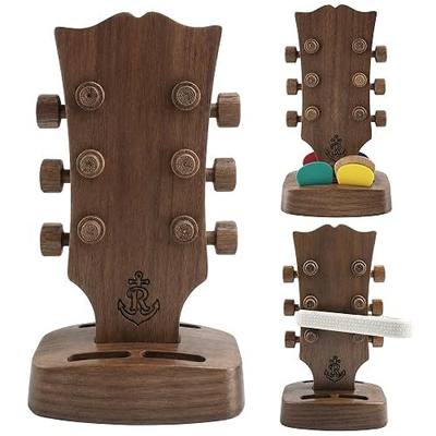 Rockhouse Wooden Guitar Headstock Shaped Pick Holder Gift for Gibson Fan | Guitar Accessory Storage Rack for Capo Picks Display, Walnut Holder for 3 Plectrum Each Slot, Desktop Decor for Guitar Player