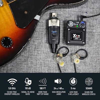 Xvive U45 Wireless in Ear Monitor System 5.8ghz IEM System Transmitter and bodypack Receiver for Studio, Band Rehearsal, Live Performance, Channel Scan Mode, Black