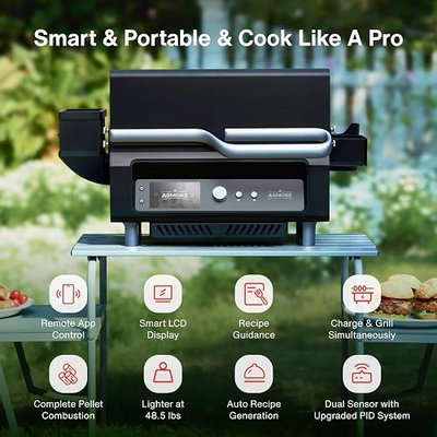 ASMOKE Portable Wood Pellet Grill & Smoker Guga’s Pick, Smart Wi-Fi Control | 8-in-1 BBQ, 5" LCD Screen, 271 sq.in, Meat Probes, ASCA Steam Tech, PIN Controller, 8-10H Battery Fit for RV Camping & Family