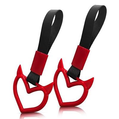 2 Pcs Devil Heart Shaped Car Handle Strap – Drift Charm Rear Bumper Warning Ring Decor for Car Interior Exterior, Subway Bus Handle Accessory, Cute Heart Car Decor Gift for Drivers (Red)
