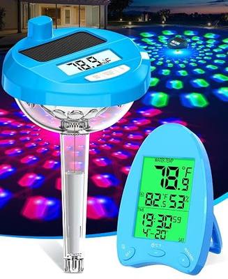 PoolLeader Solar Powered Wireless Pool Thermometer with Dynamic Light Show | Dual Backlit Display for Easy Read, 650FT Transmission, ±0.5℉ Accuracy, IP68 Waterproof Pool Temperature Guage for Hot Tub