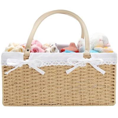 Large Baby Diaper Caddy Basket - Wicker Paper Rope Storage Baskets Portable Woven Car Organizer for Diapers With Cotton Divider Brown