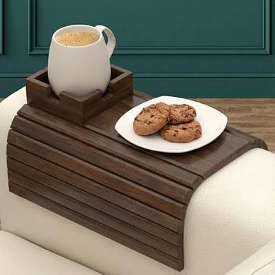 Bamboo Couch Cup Holder, Foldable Couch Armrest Table, Non-Slip Couch & Sofa Arm Tray for Drinks & Snacks - Brown