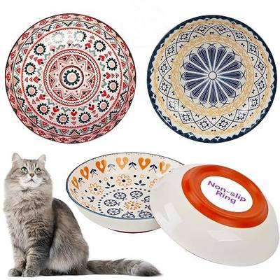 Whisker Fatigue Cat Bowl, Ceramic Cat Food Bowl Non-Slip, 3-Pack, 8oz, Boho | Non-Slip Base, Lead-Free Glaze, Shallow Wide, Whisker Friendly, Dishwasher Safe, Stylish Decorative, Wet Dry Food Water Use
