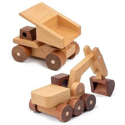 Wooden Toy Cars for 3 Year Old Boys & Girls - Construction Vehicles Set Push Toys for Toddlers, Wood Montessori Car with Rolling Wheels, Natural Wood Toys (Excavator & Dump Truck)