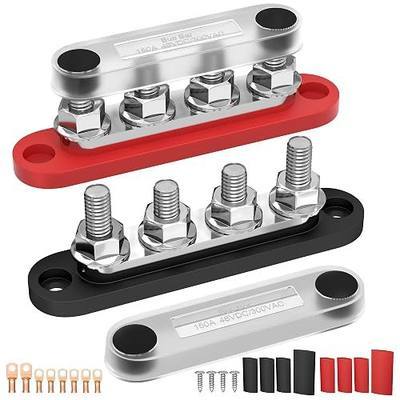 150A 12V Bus Bar Terminal Block with 4 x 5/16" (M8) Studs & Cover, Power Distribution Block for Marine Automotive Solar, 12 Volt Battery Bussbar with 8 Copper Lugs & Heat Shrink Tubing, Red Black Pair