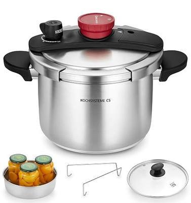 KOCH SYSTEME CS Stainless Steel Pressure Cooker 6.3 Quart, 3-in-1 Olla de Presion, Easy One-Hand Lock, 18/10 Stainless Steel, Stovetop Presssure Cooker, Induction Compatible, with Glass Lid & Steamer
