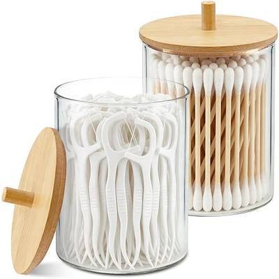 Glass Qtip Holder Dispenser Set - 10oz Cotton Swab Holder with Bamboo Lids, Bathroom Canisters Apothecary Jar Vanity Storage Organizer for Cotton Balls Pads, Floss Picks (2 Pack)