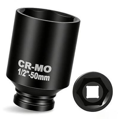 1/2" Drive 50mm Impact Socket Metric Deep Impact Socket Blackening Finish 6 Point Square Socket made with CR-MO Body for Auto Repair Mechanical Maintenance Removal of Axle Nut, 78mm Length