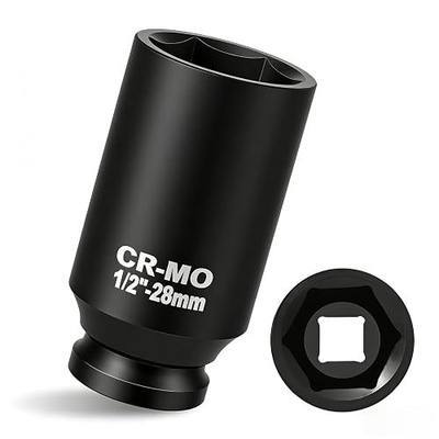 1/2" Drive Impact Socket 28mm Deep Impact Socket Cr-Mo Steel | 6 Point Square Socket Metric, Black Phosphating Treatment for Auto Repair Mechanical Maintance Axle Nut Removal, 78mm Length
