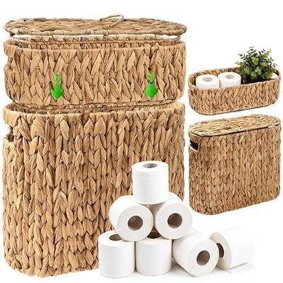Livole 2-in-1 Wicker Water Hyacinth Toilet Paper Storage with Lid, Natural | Holds Up 16 Regular Rolls, Slim Large Toilet Paper Storage, Hand-Woven Wicker Basket Organizer for Bathroom Decor