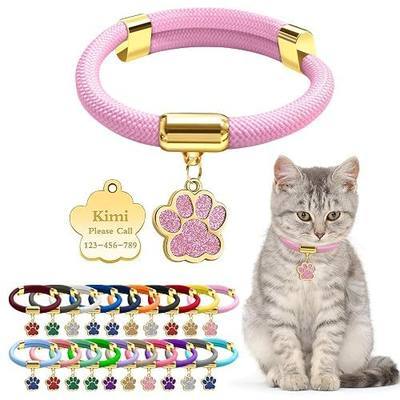 Personalized Breakaway Cat Collars with Magnetic Quick Release Buckle, Custom Engraved Name Tag for Cats (Pure Pink)