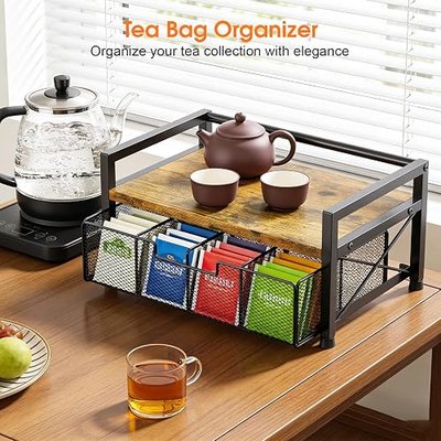 Tea Bag Organizer, Tea Organizers and Storage with 8 Compartments & Drawer, Wooden Metal Tea Bag Holder for Countertop Kitchen Office Tea Station, Rustic Brown
