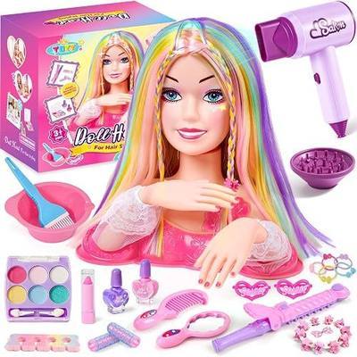 Toylink Doll Head for Hair Styling Kids Makeup Kit, 34Pcs Hair Salon Pretend Play Toys with Hairdryer Straightener Makeup Princess Accessories, Birthday Gifts for Girls 3 4 5 6 7 8