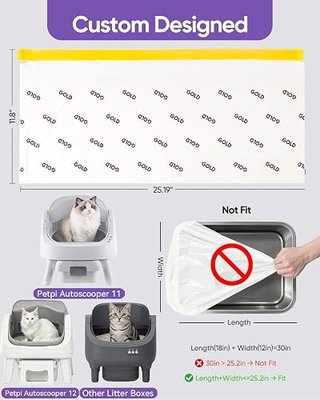 120 Count Automatic Cat Litter Box Bags for Pet Pivot AutoScooper 11/12 Open-Top Self-Cleaning Cat Litter Box, Heavy Duty Leak-Proof, Drawstring Design, Unscented, 25.19” x 11.8”