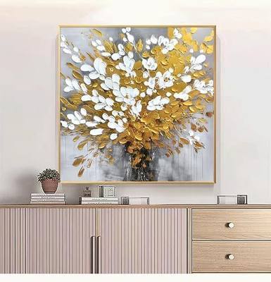 Large 3D Textured Framed Floral Wall Art for Hallway, Hand-Painted Tree of Life Oil Painting for Living Room, Modern White Flower Gold Leaves Wall Decor for Office Bedroom Kitchen Home Decor 32x32 Inches