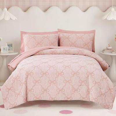 BLOOMHAVEN Twin XL Comforter Set for Girls, 5 Pieces Pink Bow Bedding Set, All Seasons Kids Twin Comforter Set with Sheets, Pillowcase & Sham