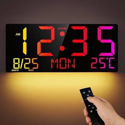 16" Large Digital Wall Clock with RGB LED Jumbo Number, Remote Control, Auto DST, Temperature,Calendar, Modern Wall Mount Digital Clock for Living Room, Classroom, Office Wall, Senior Bedroom