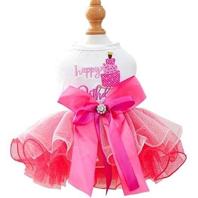 Dog Birthday Dress with Cake Pattern & Bowknot Girl Puppy Clothes for Small Dog Cat Birthday Outfit with Tutu Skirt Party Tulle Pet Apparel (Fuchsia, Large)