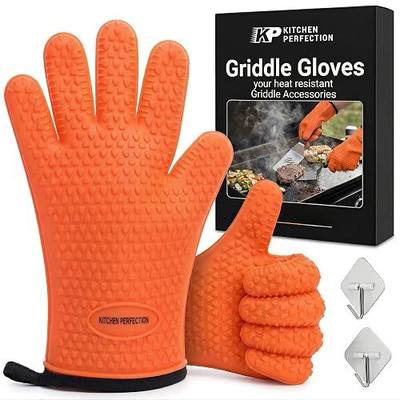 KITCHEN PERFECTION Silicone Griddle Grill Gloves Heat Resistant Oven Mitts | Waterproof, 5-Finger Design For A Better Grip, Best Griddle Grilling Accessories, Compatible with Blackstone, Weber & More