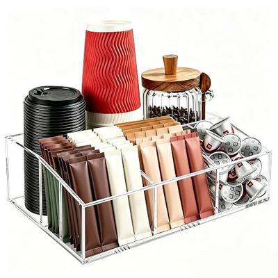 Coffee Bar Accessories, Acrylic Coffee Station Organizer Storage Box | Clear Coffee Station Accessories with Removable Dividers for Pod Condiment Syrup Cup Stirrer Tea Bag, Farmhouse Table Decor