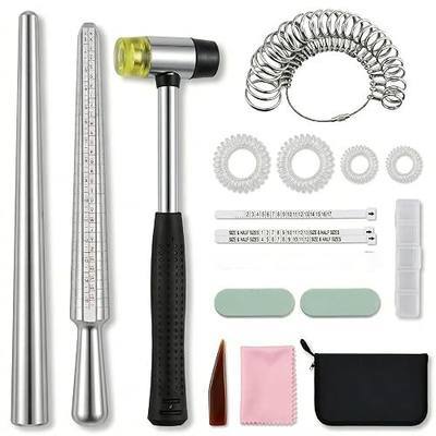 Ring Sizer Measuring Tool and Metal Ring Mandrel US Size 0-13, 16 Pieces Jewelry Making Kit with Rubber Hammer, Solid Stick and Storage Case for Loose Rings