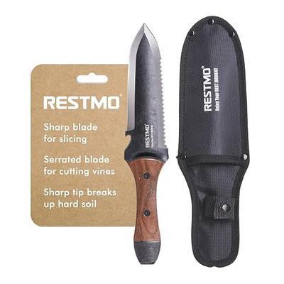 RESTMO Hori-Hori Knife, Weeding, Planting, Depth Gauge, Brown | Garden knife with sheath. Dual-edge stainless steel blade. Ergonomic walnut handle. For gardening, weeding, planting.