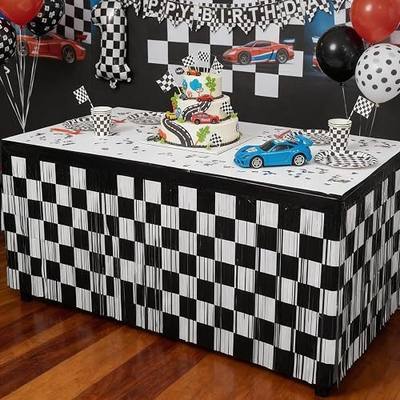 Race Car Metallic Foil Tinsel Fringe Table Skirt Birthday Party Decorations, 2 Pack 29.5 x 108 Inch Black White Checkered Table Streamers Curtains Skirts for Rectangle Round Table Racing Party Decor