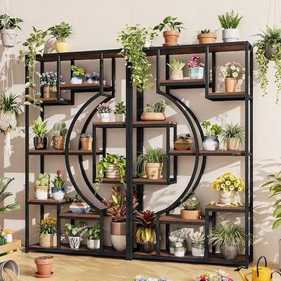 HolliWill 70.8" Tall Bookshelf Set of 2, 79" Wide Geometric Display Shelf with 18 Open Storage Shelves, Etagere Bookcase with Metal Frame – Anti-Tip & Adjustable Feet, Rustic Brown