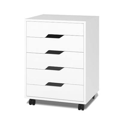 VINGLI 5 Drawers Rolling File Cabinet with Wheels, Under Desk Storage Organization, Vertical Filing Chest Mobile Wood Small Desk Printer Stand for Home Office, 19" W × 15.8" D × 25.6" H, White
