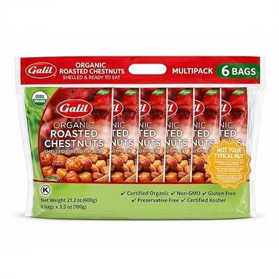 Galil Organic Roasted Chestnuts Pack of 6 Shelled & Ready to Eat Chestnuts - Gluten Free, Vegan, Organic, Non-GMO, Kosher Snacks - Great for Baking, Cooking & Turkey Stuffing 3.5oz Bags