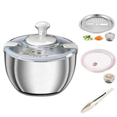 Large Salad Spinner with Storage Lid,5.29QT Stainless Steel Spin Dry Salad Greens Fruit Washing Bowl with Strainer Vegetable Cleaner washer Lettuce Spinner with slicer and julienne cutter