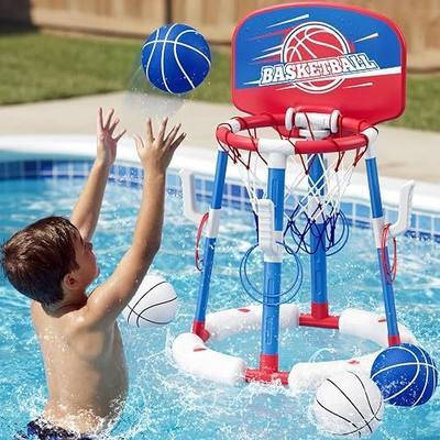 HYES 2 in 1 Pool Basketball Hoop with Ring Toss, Floating Pool Toys - Anti-Tip Stable Base - with 4 Balls/8 Rings/Pump - Summer Water Basketball Games Indoor Outdoor Gifts for Kids 4-8 & Adults, Red