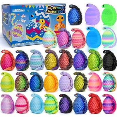 32PCS 3D Printed Snake Toy, Easter Basket Stuffers Mini Mystery Crystal Egg Fidget Toy, 3D Printed Animals Unique Easter Basket Essentials for Kids,Party Favors for Kids 8-12 (32PCS)