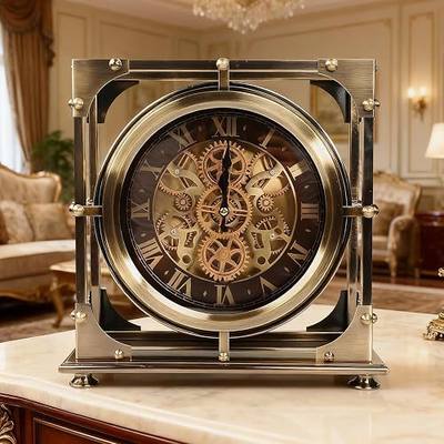 Moving Gears Desk Clock, Mantle Clock, Industrial Steampunk Art Decorative Clocks for Living Room Farmhouse Offcie, Christams Gifts Ideas for Father Boss Senior Friend (12inch Bronze Roman)