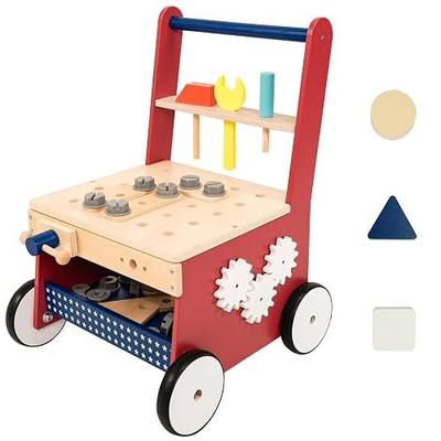 2-in-1 Wooden Baby Push Walker – Toddler Learning Activity Walker with Tool Toy Set, Montessori-Inspired Educational Toy for 1-3 Year Old Girls Boys, Sturdy Construction & Non-Toxic (Red)