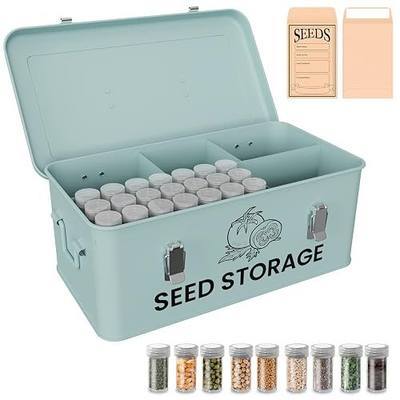 Seed Storage Organizer Box, Metal Seed Box, Garden Seed Organizer with Lid, Seed Containers Storage with 5 Compartments, 30 Seed Holder Organizers, 100pcs Seed Envelopes (Blue)