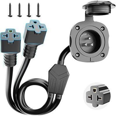 BEBOBLY 20 Amp AC Port Plug, 125V Power Inlet Socket with 5-in-1 T-Blade Adapter, Integrated Dual 18" Extension Cord & Waterproof Cover, Flanged Generator Inlet Plug for RV Boat Electrical Connections