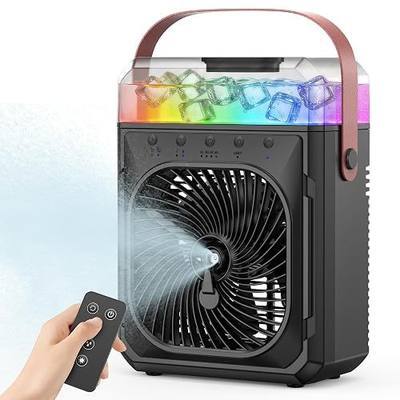 Rechargeable Misting Fan Portable【Max 40H Runtime】,Desk Cooling Air Conditioner Fan 5℉ Drop,Water Spray Mister Fan & 2 Spray Modes, Battery Powered Operated Bedroom Fan & Lights, Remote Control, Black