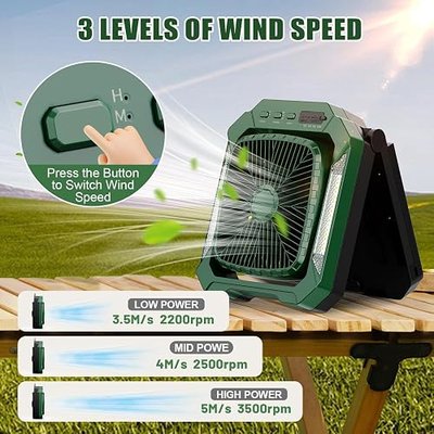 Portable Camping fan Rechargeable, 2-in-1 Battery Powered Solar Fan with Detachable Solar Panel, 270° Rotation Personal USB Desk Fan with 3 Speed/Timer/LED Light/Hanging Hook for Outdoor