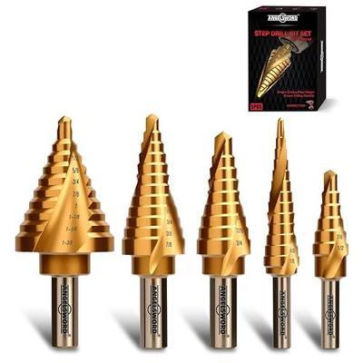 ANGELSWORD Step Drill Bits, 50 Sizes, 5PCS HSS Spiral Grooved Titanium Coated Step Drill Bit Set for Plastic, Aluminum, Copper, Sheet Metal, with Aluminum Case