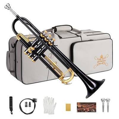 STRICH Bb Standard Trumpet Set for Beginners, Brass Student Trumpet Instrument with Hard Case, Cleaning Kit, 7C & 3C Mouthpieces, Gloves, STR-1B, Black