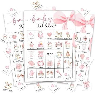 Pink Bow Baby Shower Bingo Games, 24 Player Pink Bingo Cards for Baby Shower, Gender Reveal Party Games Favors Supplies Decorations