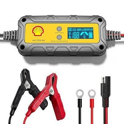 Shell Car Battery Charger 6V/12V- Smart Battery Charger 4A/1A with LCD Display, Automatic Lithium & Lead-Acid Tickle Charger Maintainer & Desulfator for Car Motorcycle Lawn Mower Boat Deep Cycle