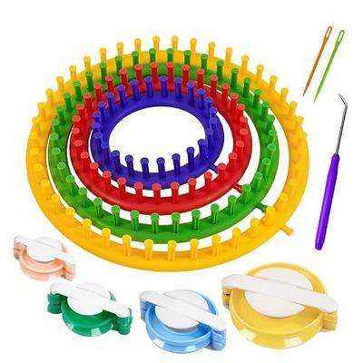 Cesilili Beginner Knitting Loom Set (4/6/8/10in) with 4 Pompom Makers | ABS plastic, pompom makers & needles, beginner friendly, smooth anti-snag edges, DIY hats scarves, portable gift supply