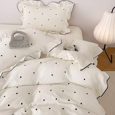 Duvet Cover Queen Size Polka Dot Beige 3 Pcs(1 Duvet Cover with 2 Pillowcases),Soft Washed All Seasons Comforter Covers with Ruffles,Cute Queen Bedding Set for Teen Girls 90"×90"