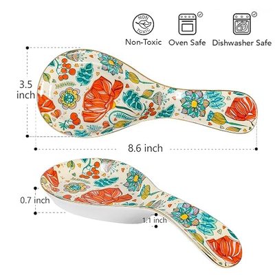 Ceramic Spoon Rest for Stove Top, Vintage Floral Spoon Holder Utensil Rest, Cute Flower Golden Rim Spoon Rests for Coffee Bar Kitchen Counter Decorative Cooking Gift for Housewarming (F-01)