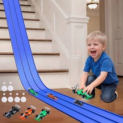 3-Lane Flexible Race Track for Kids with Suction Cups, Race Car Ramp Track & 15ft Race Car Track Compatible 1:64 Diecast Cars,Portable Roll Up Track Toy,Gift Race Track for Kids 3+ (Blue)